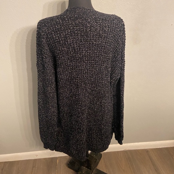 Express L Black White Open Knit Long Cardigan Sweater Pockets Drop Sholder - Picture 3 of 3